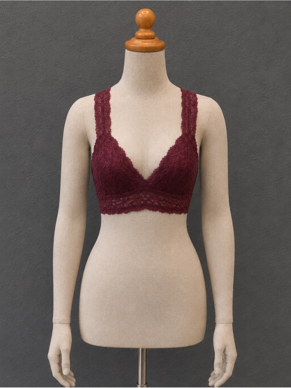 Lace Bralette Large Maroon Racerback Floral Wireless Bra Romantic Elegant